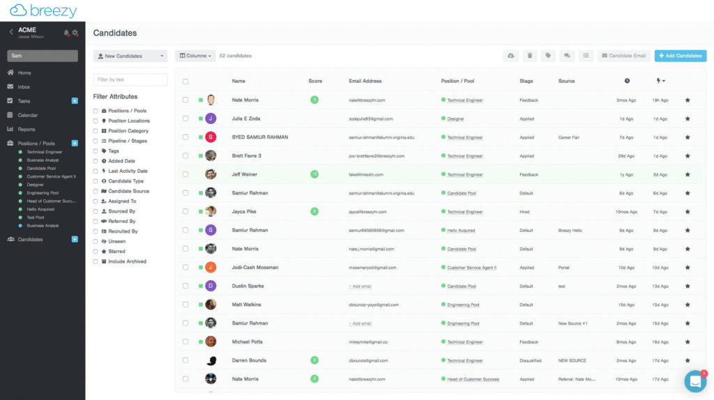 Tableau de suivi des candidats et du processus de recrutement sur Breezy HR.